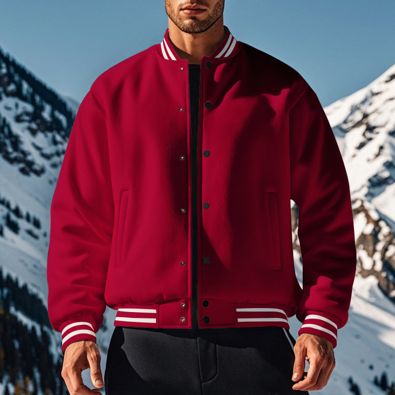 Cross-Border Men's Autumn and Winter Fleece American Retro Baseball Jacket Loose Casual Stand Collar Single-Breasted Men's Coat by DERILUJA LLC