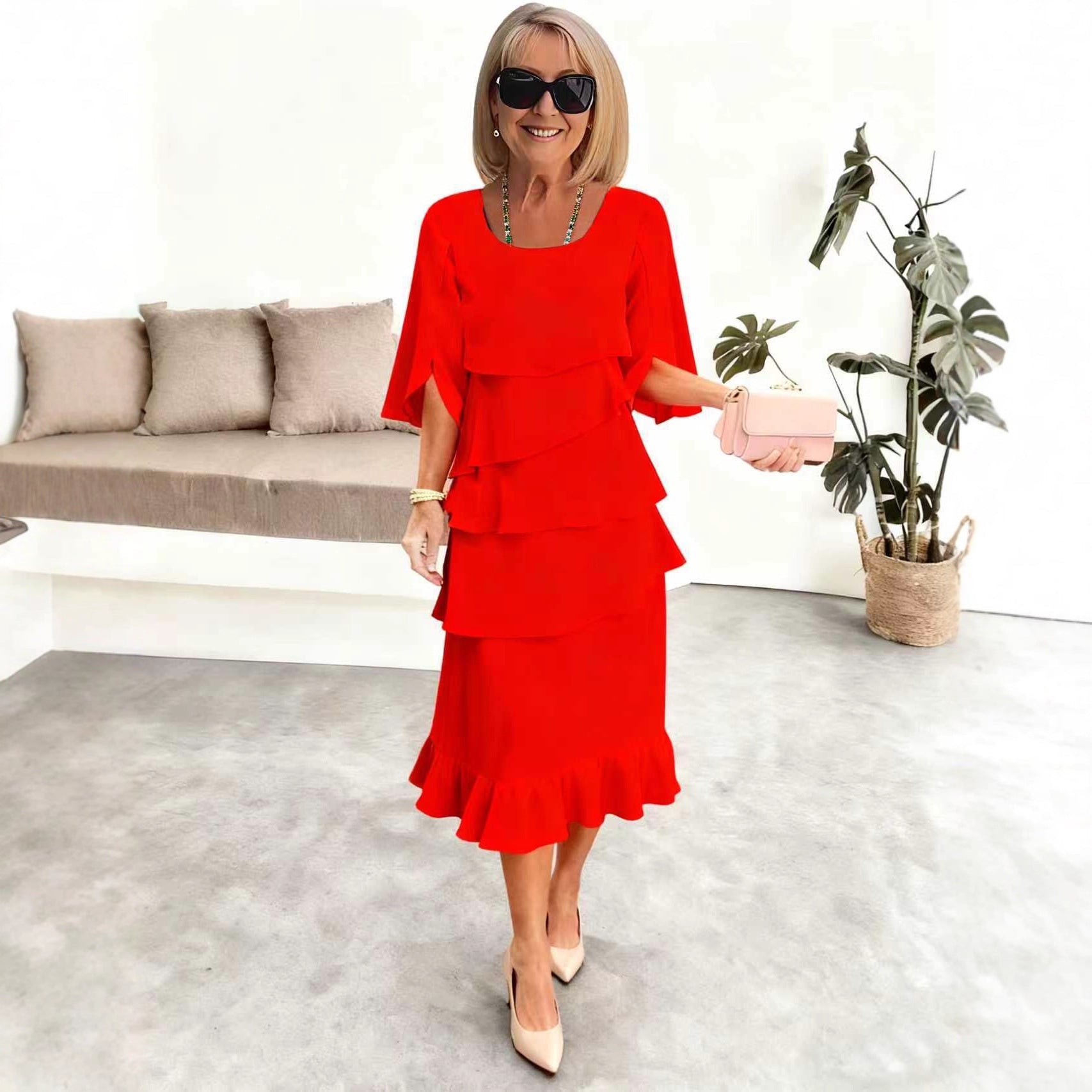 2025 New Amazon Foreign Trade Spring and Summer Fashion Cake Dress Women's Elegant Loose Slimming Round Neck Dress Women by DERILUJA LLC