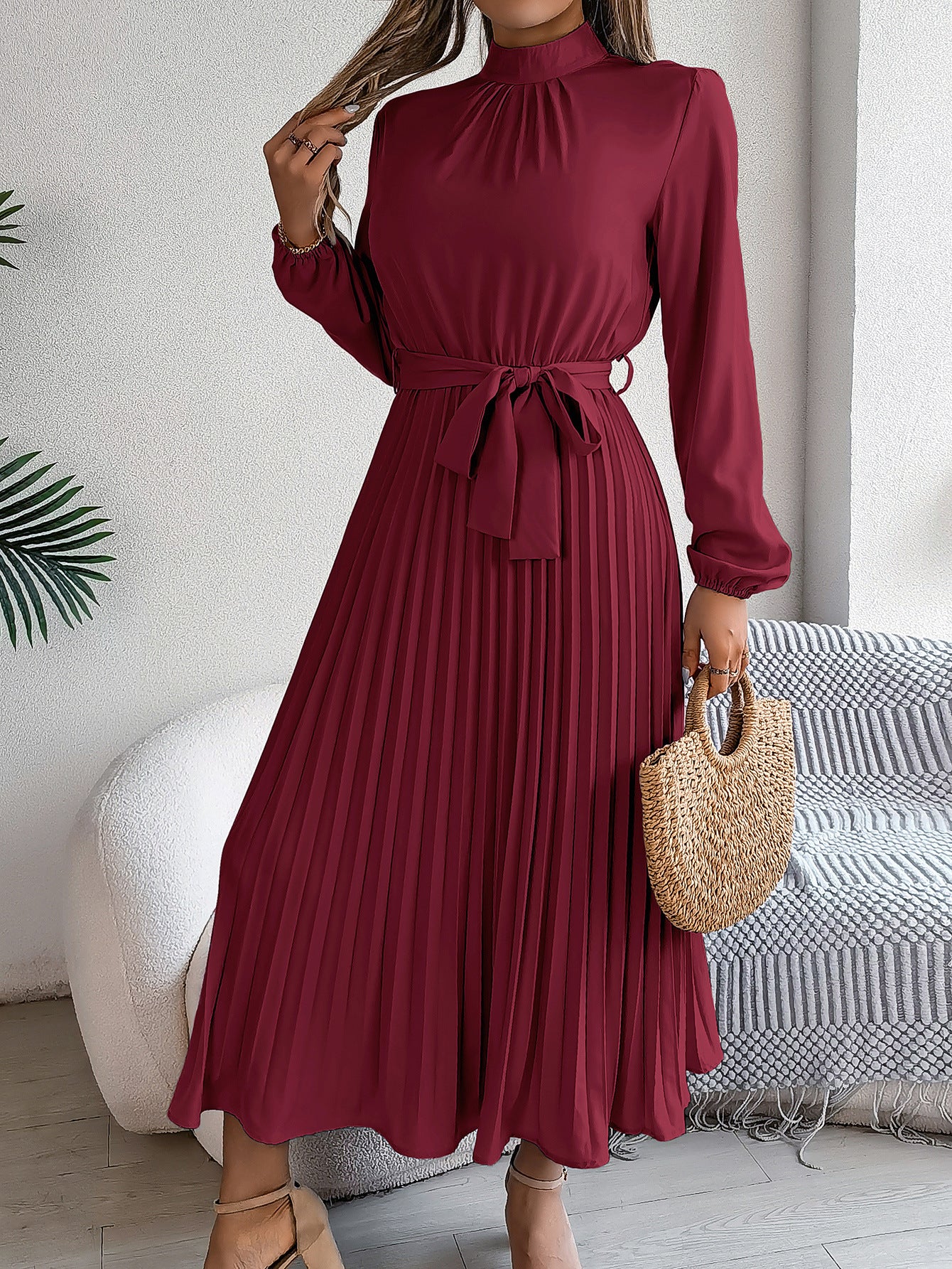 2026 European and American Spring/Summer Elegant Stand Collar Long Sleeve Waist-Cinched Pleated Long Dress Mini Dress Amazon Cross-Border Women's Clothing by DERILUJA LLC