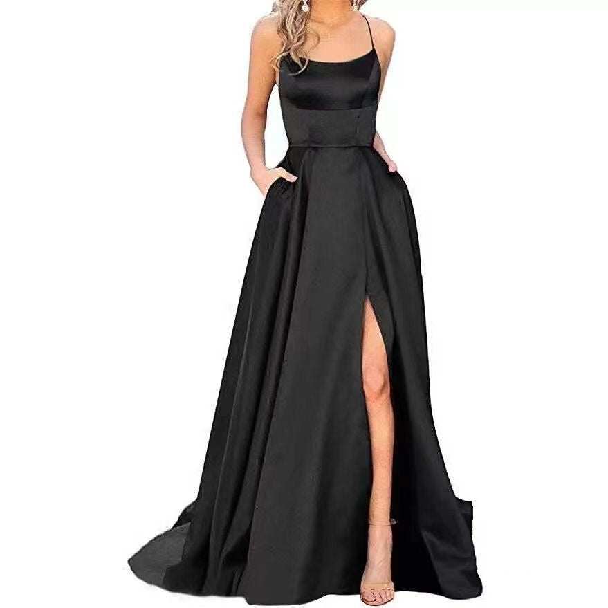 2023 Amazon European and American cross-border new bridesmaid dress long dress small tail strap solid color banquet evening dress by DERILUJA LLC