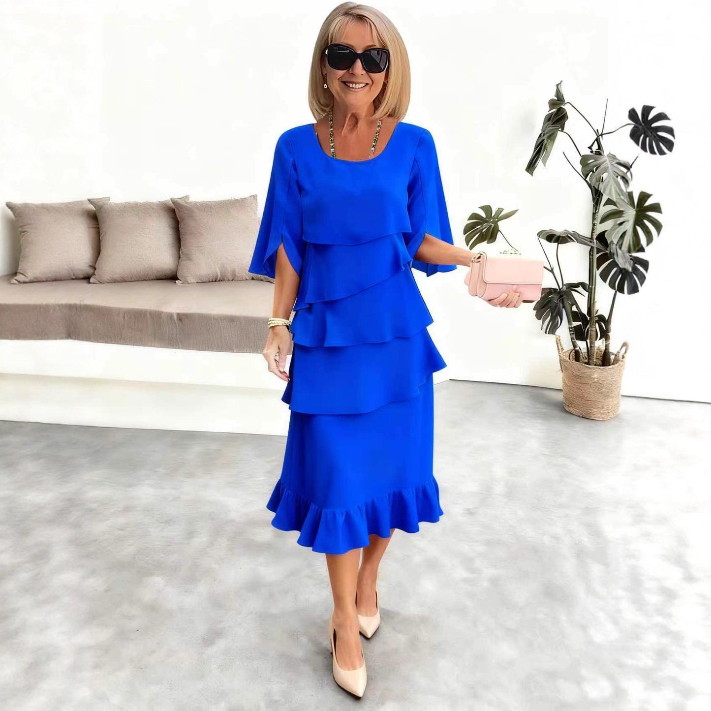 2025 New Amazon Foreign Trade Spring and Summer Fashion Cake Dress Women's Elegant Loose Slimming Round Neck Dress Women by DERILUJA LLC