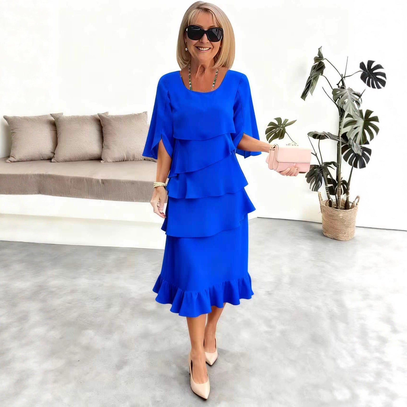 2025 New Amazon Foreign Trade Spring and Summer Fashion Cake Dress Women's Elegant Loose Slimming Round Neck Dress Women by DERILUJA LLC