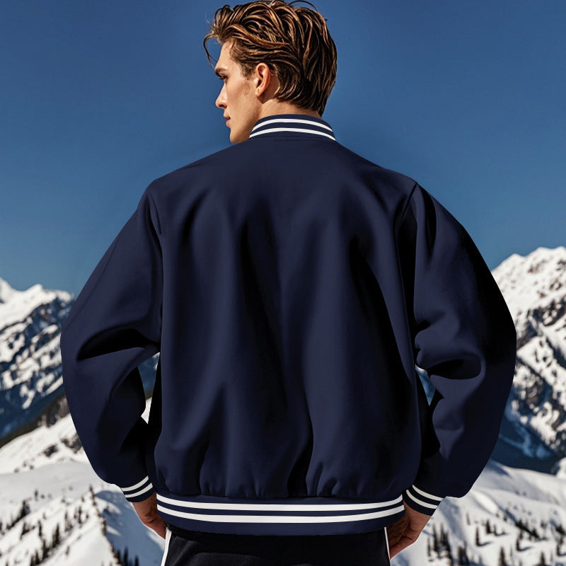 Cross-Border Men's Autumn and Winter Fleece American Retro Baseball Jacket Loose Casual Stand Collar Single-Breasted Men's Coat by DERILUJA LLC