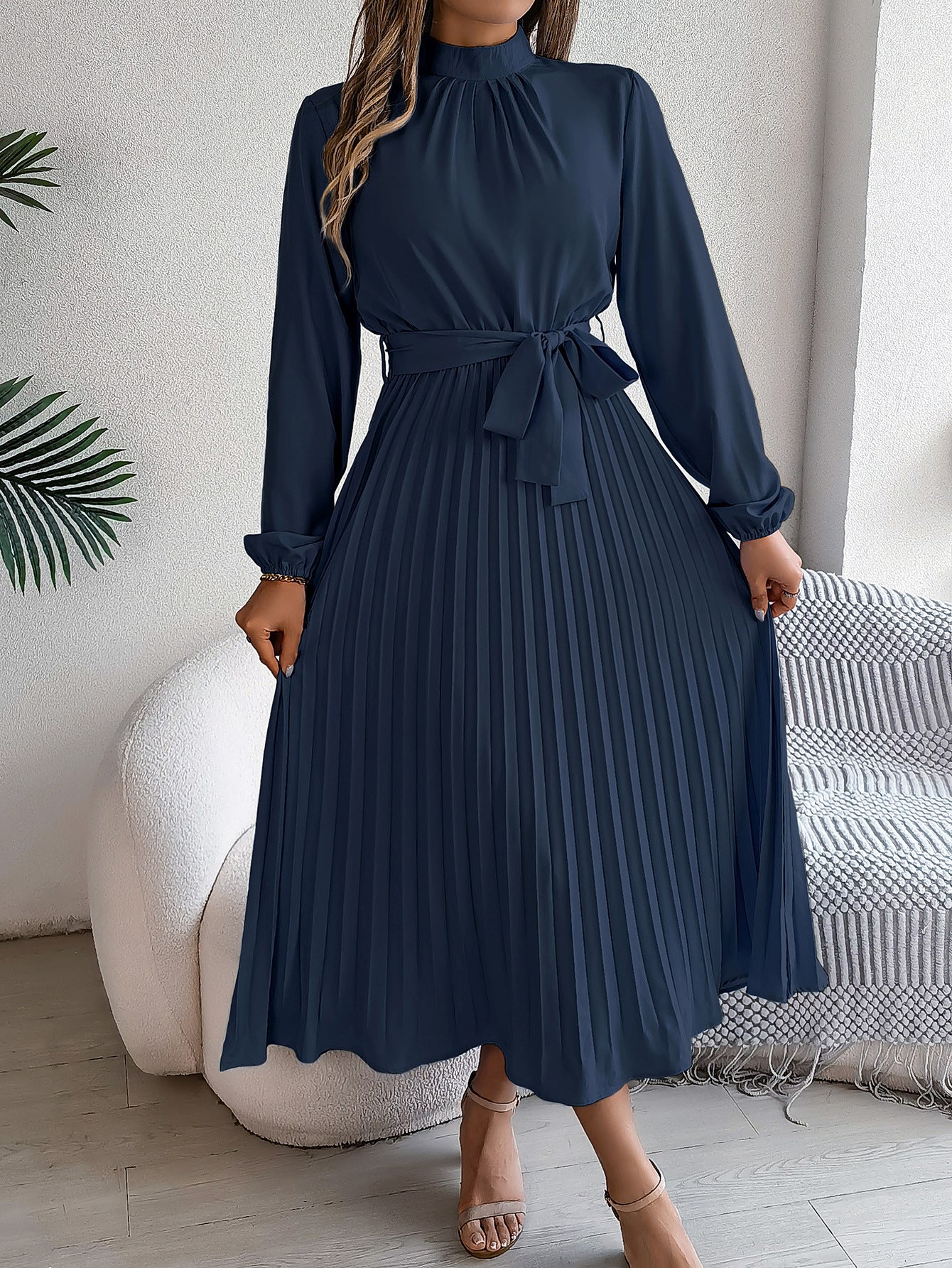 2026 European and American Spring/Summer Elegant Stand Collar Long Sleeve Waist-Cinched Pleated Long Dress Mini Dress Amazon Cross-Border Women's Clothing by DERILUJA LLC
