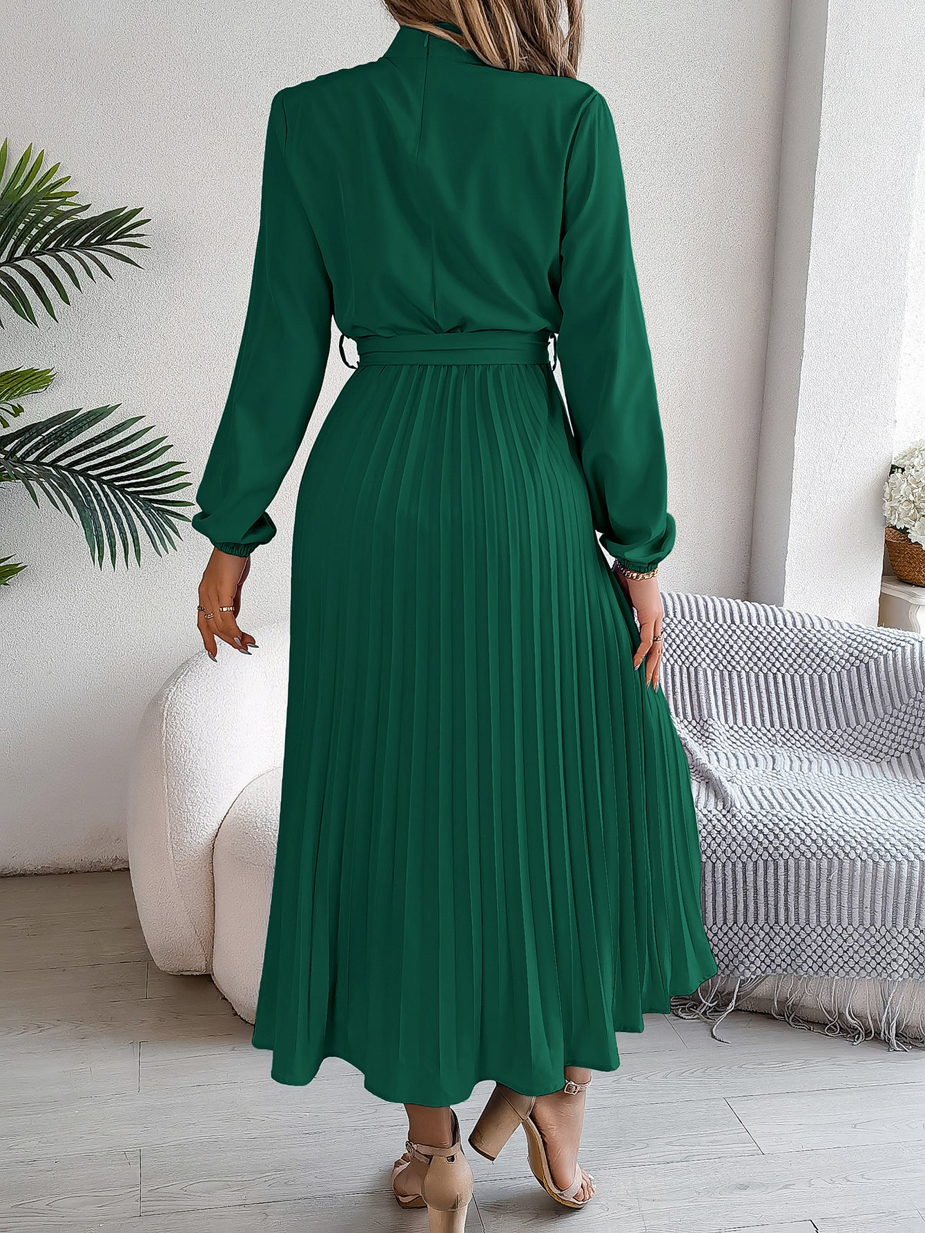 2026 European and American Spring/Summer Elegant Stand Collar Long Sleeve Waist-Cinched Pleated Long Dress Mini Dress Amazon Cross-Border Women's Clothing by DERILUJA LLC