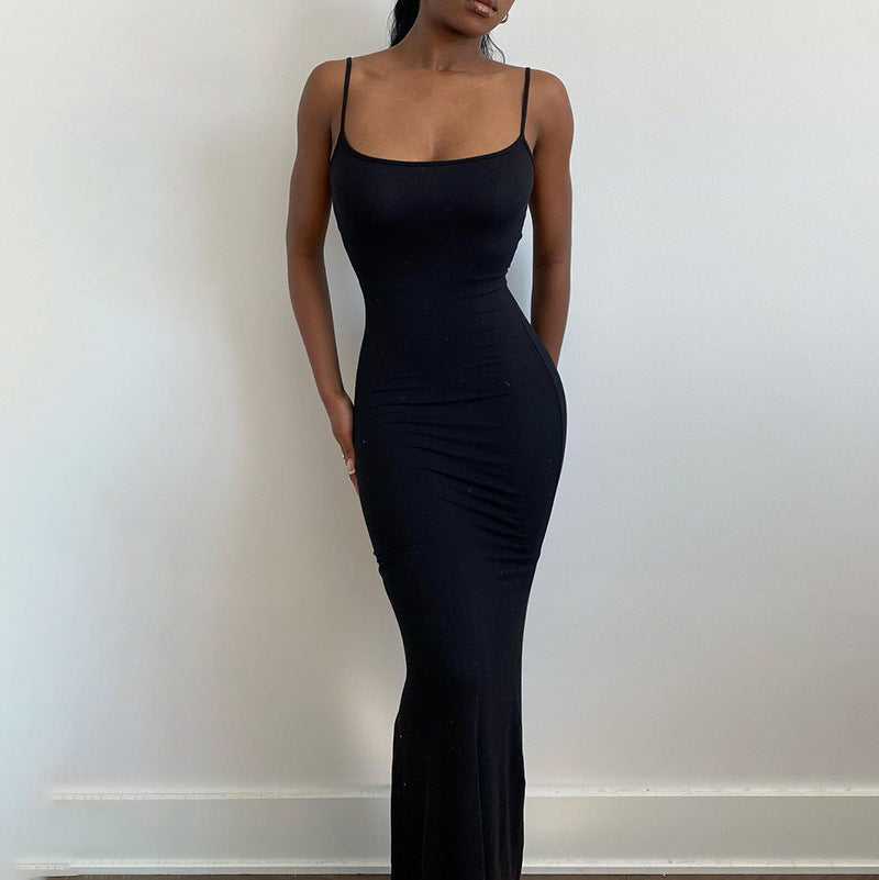 Sling dress European and American Women's High-end Sense Pure Desire Hip Skirt Sexy Slim-fit Milk Silk Long Fishtail Skirt by DERILUJA LLC