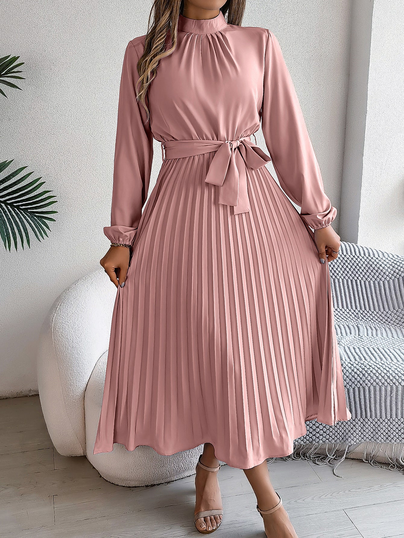 2026 European and American Spring/Summer Elegant Stand Collar Long Sleeve Waist-Cinched Pleated Long Dress Mini Dress Amazon Cross-Border Women's Clothing by DERILUJA LLC