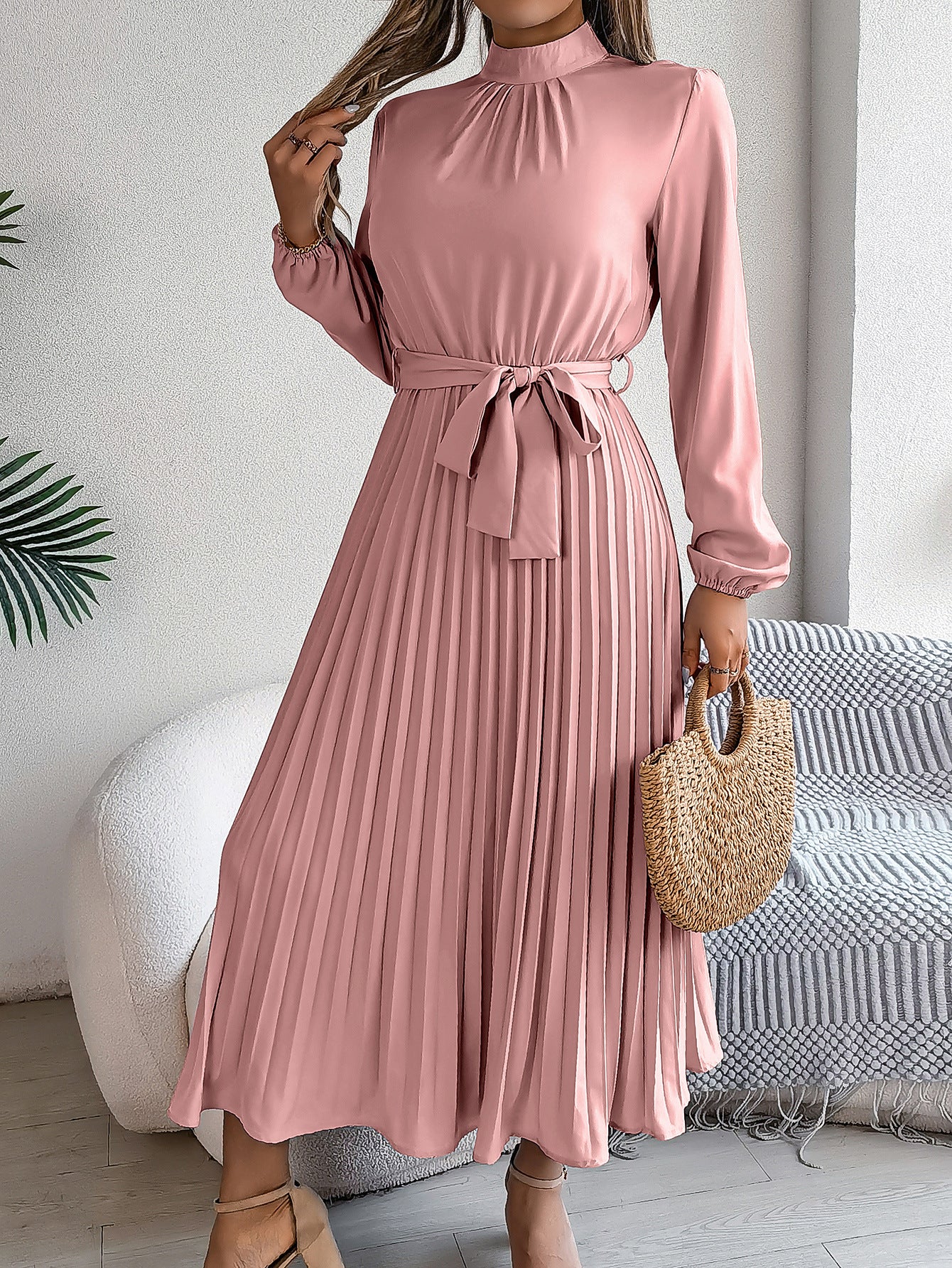 2026 European and American Spring/Summer Elegant Stand Collar Long Sleeve Waist-Cinched Pleated Long Dress Mini Dress Amazon Cross-Border Women's Clothing by DERILUJA LLC