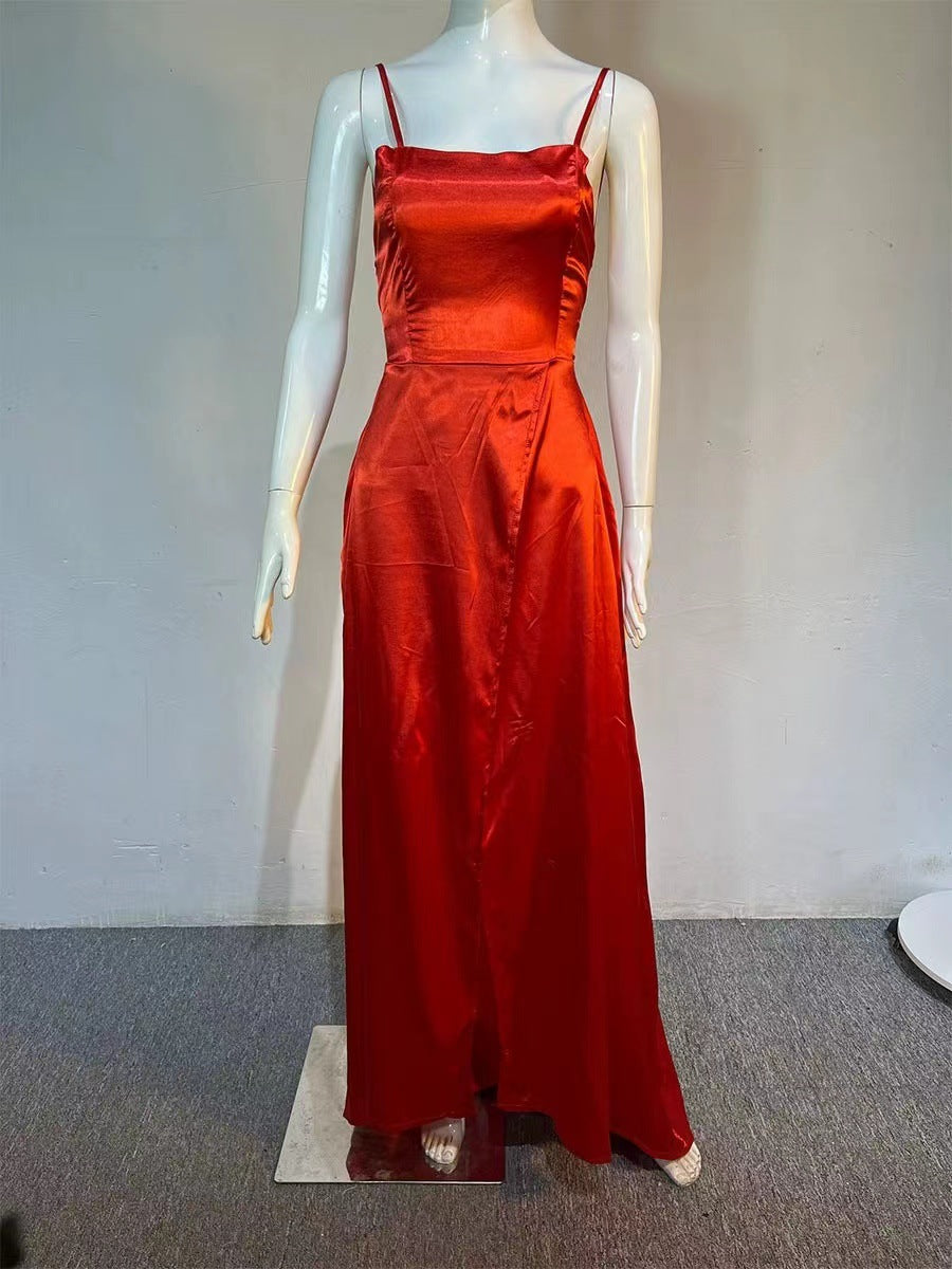 2023 Amazon European and American cross-border new bridesmaid dress long dress small tail strap solid color banquet evening dress by DERILUJA LLC