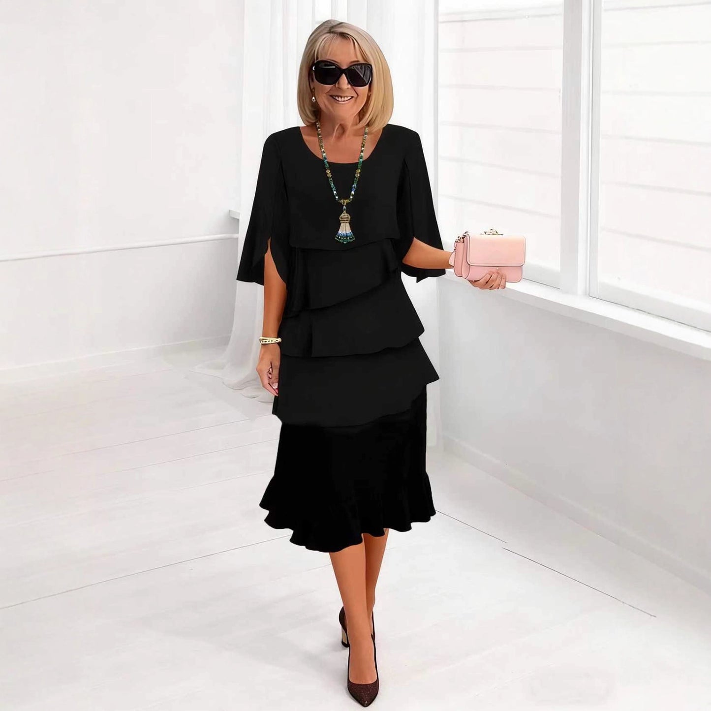 2025 New Amazon Foreign Trade Spring and Summer Fashion Cake Dress Women's Elegant Loose Slimming Round Neck Dress Women by DERILUJA LLC