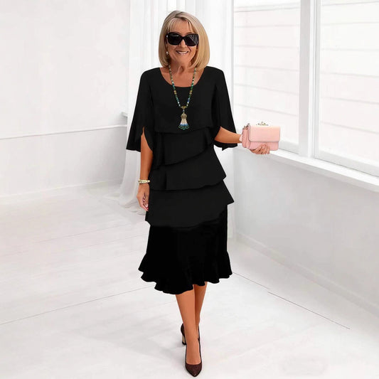 2025 New Amazon Foreign Trade Spring and Summer Fashion Cake Dress Women's Elegant Loose Slimming Round Neck Dress Women by DERILUJA LLC
