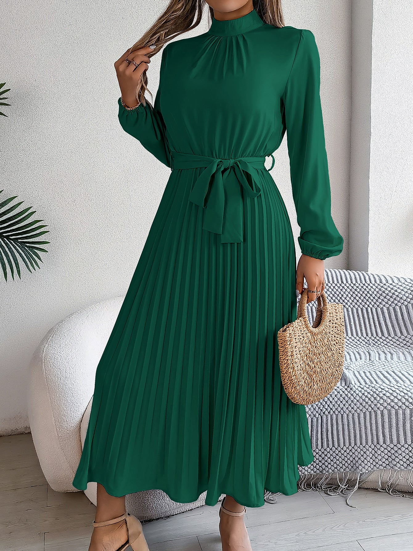 2026 European and American Spring/Summer Elegant Stand Collar Long Sleeve Waist-Cinched Pleated Long Dress Mini Dress Amazon Cross-Border Women's Clothing by DERILUJA LLC