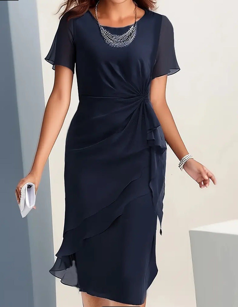 Cross-border independent station new 2025 summer dress stitching chiffon crew neck short sleeve dress by DERILUJA LLC