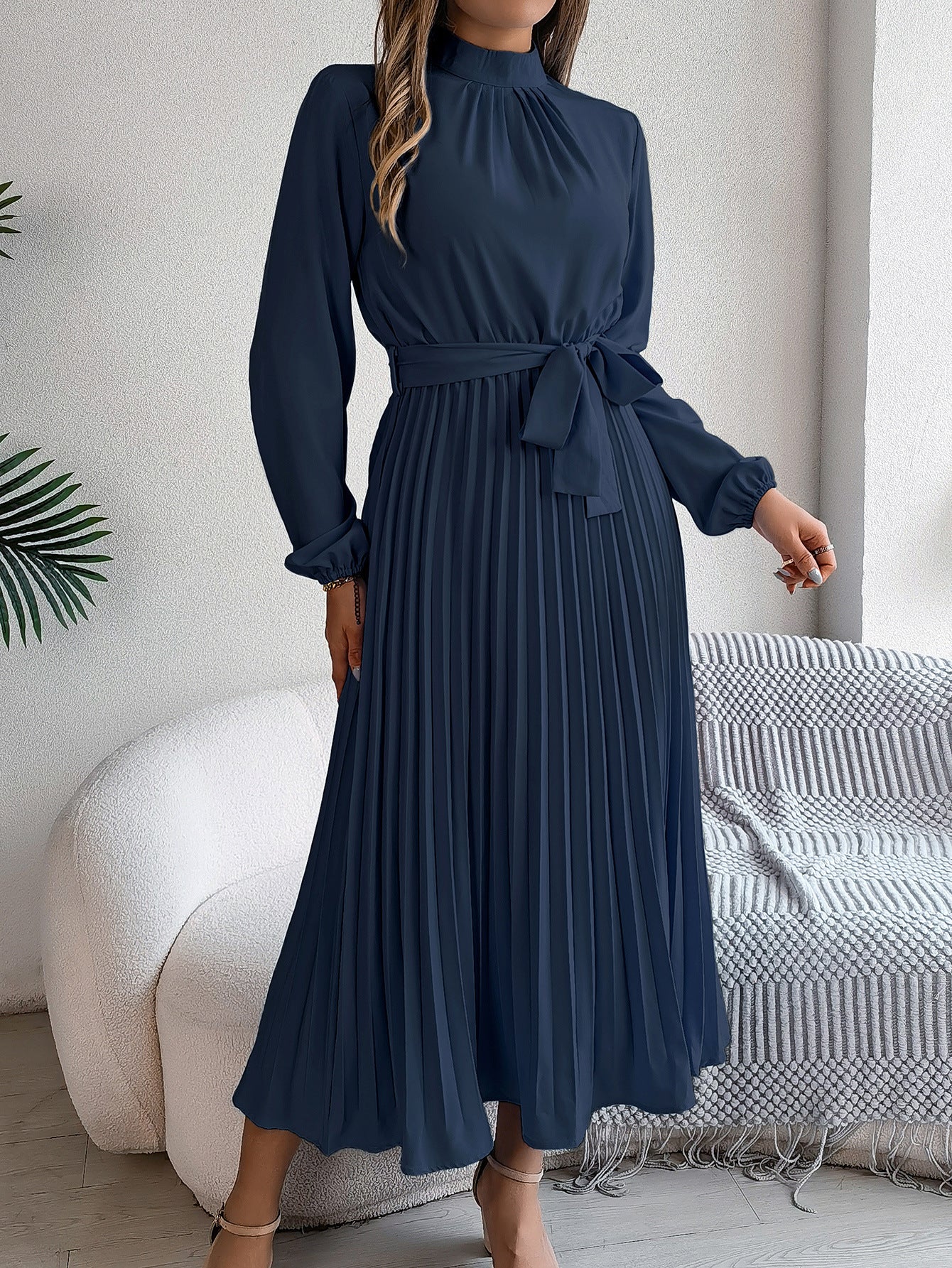2026 European and American Spring/Summer Elegant Stand Collar Long Sleeve Waist-Cinched Pleated Long Dress Mini Dress Amazon Cross-Border Women's Clothing by DERILUJA LLC