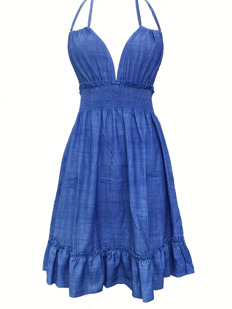 European and American Amazon Cross-Border Popular Women's Clothing Deep V Rope Suspender Parallel Pleated Sexy Dress Beach Degree by DERILUJA LLC