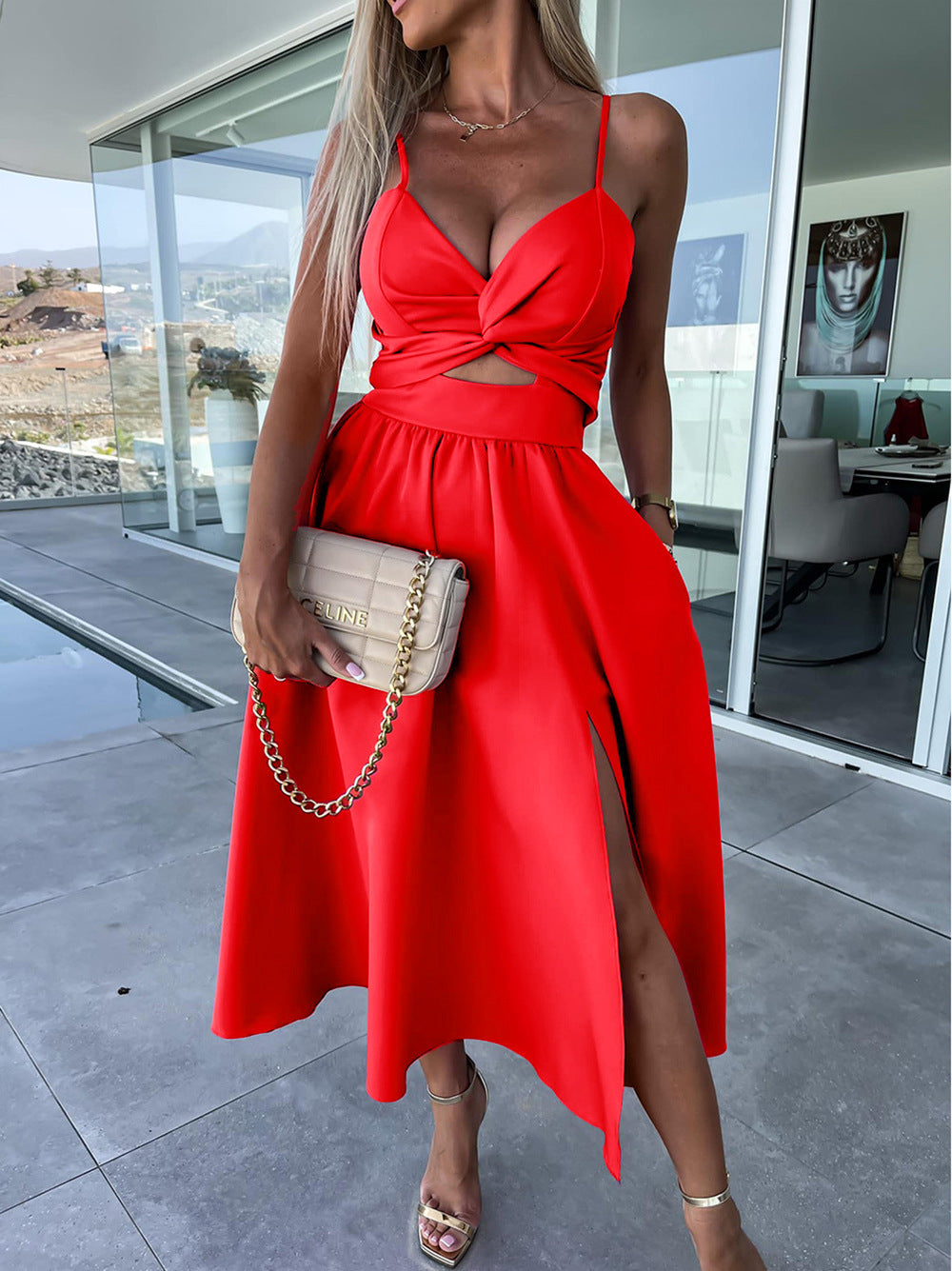 Europe and the United States cross-border foreign trade new women's Amazon suspenders V-neck large pendulum dress slim-fit backless mid-length dress by DERILUJA LLC