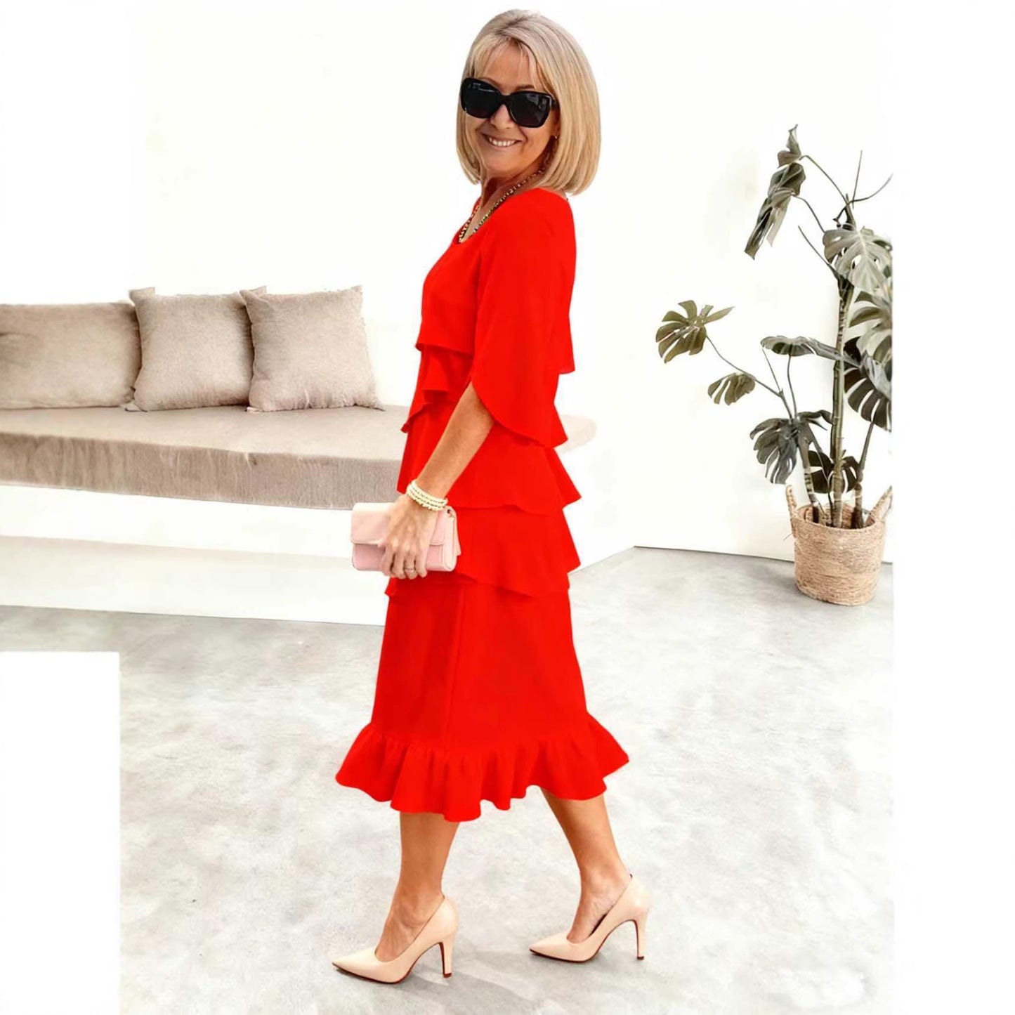 2025 New Amazon Foreign Trade Spring and Summer Fashion Cake Dress Women's Elegant Loose Slimming Round Neck Dress Women by DERILUJA LLC