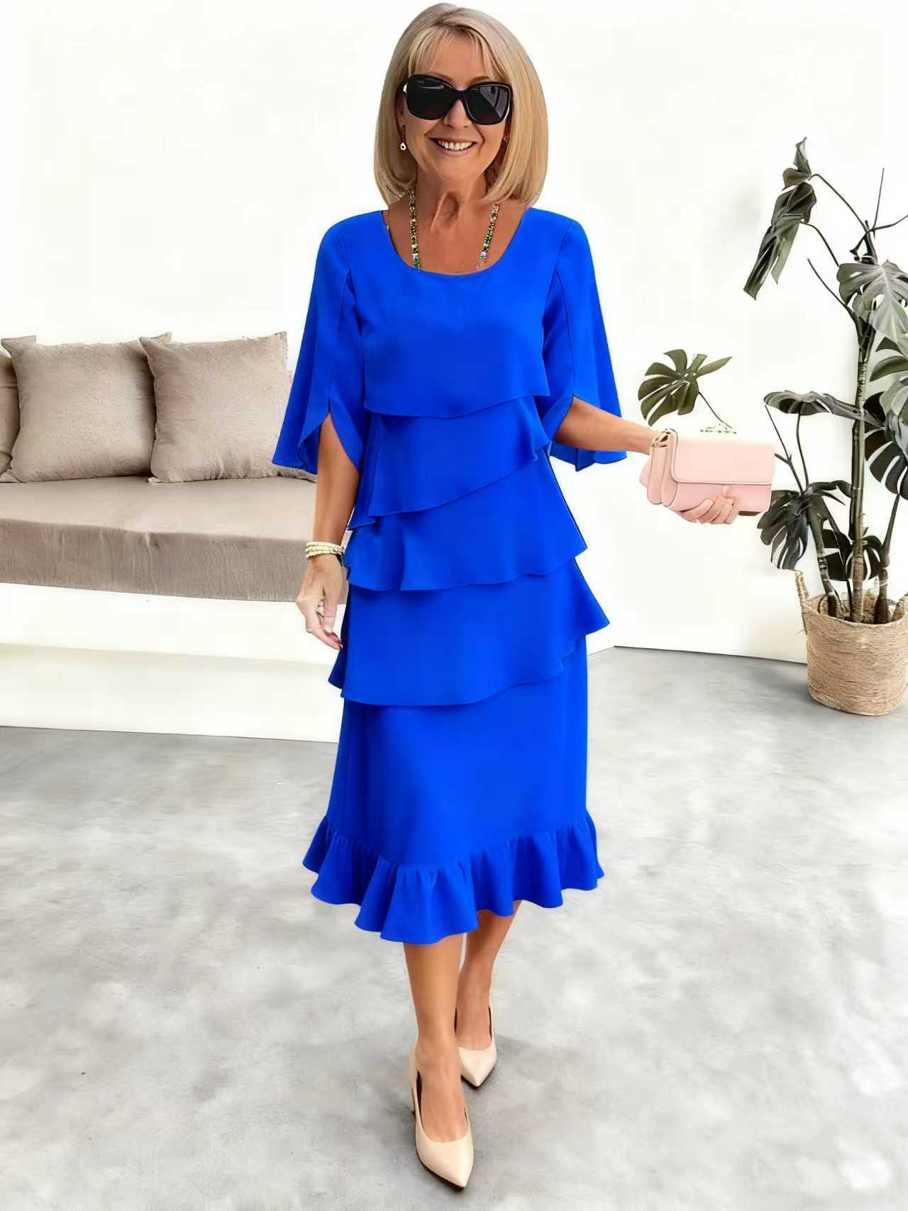2025 New Amazon Foreign Trade Spring and Summer Fashion Cake Dress Women's Elegant Loose Slimming Round Neck Dress Women by DERILUJA LLC