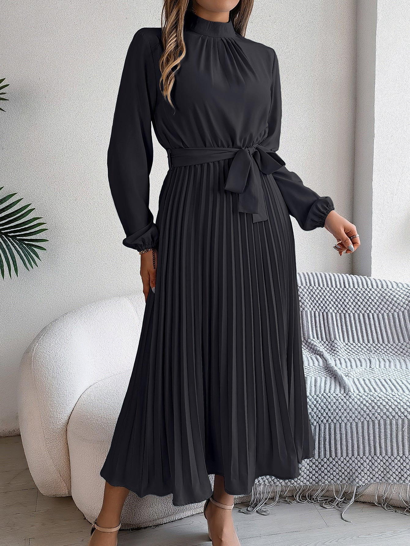 2026 European and American Spring/Summer Elegant Stand Collar Long Sleeve Waist-Cinched Pleated Long Dress Mini Dress Amazon Cross-Border Women's Clothing by DERILUJA LLC