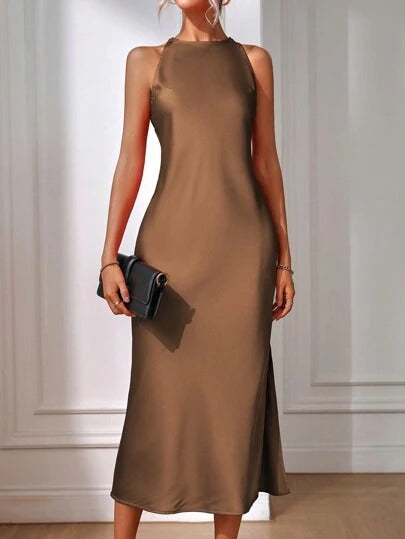 European and American Cross-Border Amazon Satin Dress Women's Spring and Summer Sleeveless Slit Satin Imitation Silk Long Skirt by DERILUJA LLC