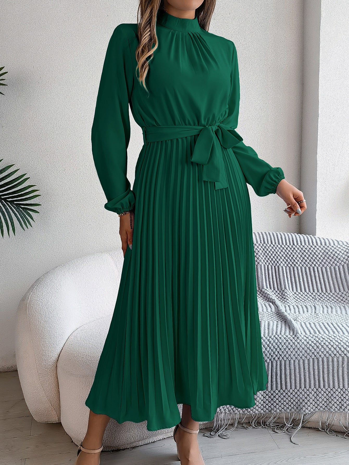 2026 European and American Spring/Summer Elegant Stand Collar Long Sleeve Waist-Cinched Pleated Long Dress Mini Dress Amazon Cross-Border Women's Clothing by DERILUJA LLC