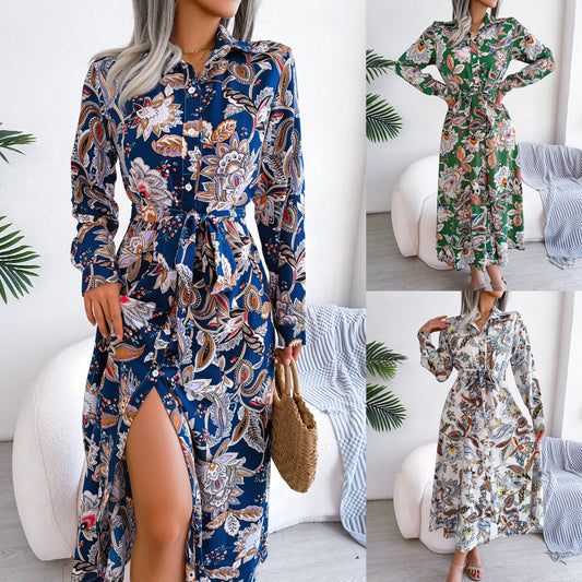 2026 Spring/Summer European and American Retro Floral Lapel Tie Shirt Dress Long Dress Amazon Cross-Border Women's Clothing by DERILUJA LLC