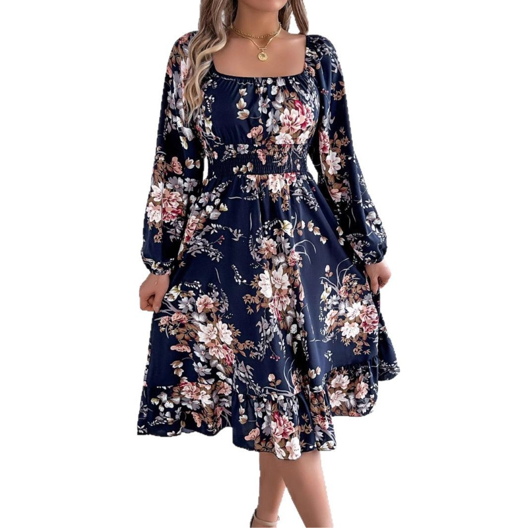 Real shot spring and summer European and American elegant flower square collar long sleeve waist ruffled A- line skirt independent station cross-border women's clothing by DERILUJA LLC
