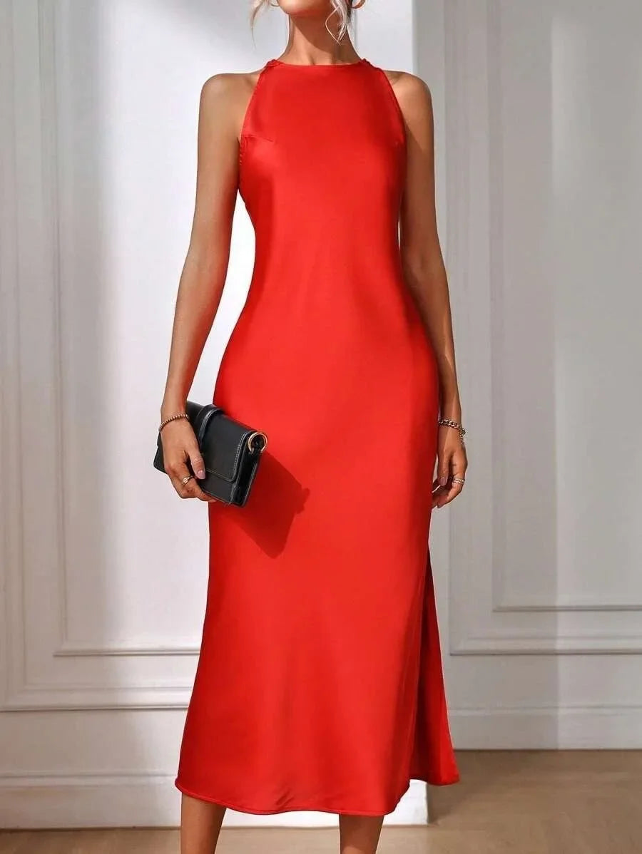 European and American Cross-Border Amazon Satin Dress Women's Spring and Summer Sleeveless Slit Satin Imitation Silk Long Skirt by DERILUJA LLC