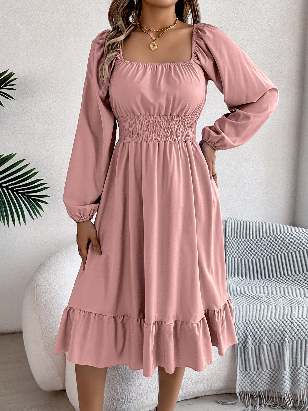 2026 Spring/Summer European and American Casual Solid Color Square Neck Long Sleeve Waist-Cinching Ruffle A-Line Dress Amazon Cross-Border Women's Clothing by DERILUJA LLC