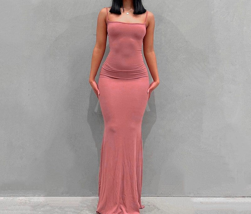 Sling dress European and American Women's High-end Sense Pure Desire Hip Skirt Sexy Slim-fit Milk Silk Long Fishtail Skirt by DERILUJA LLC