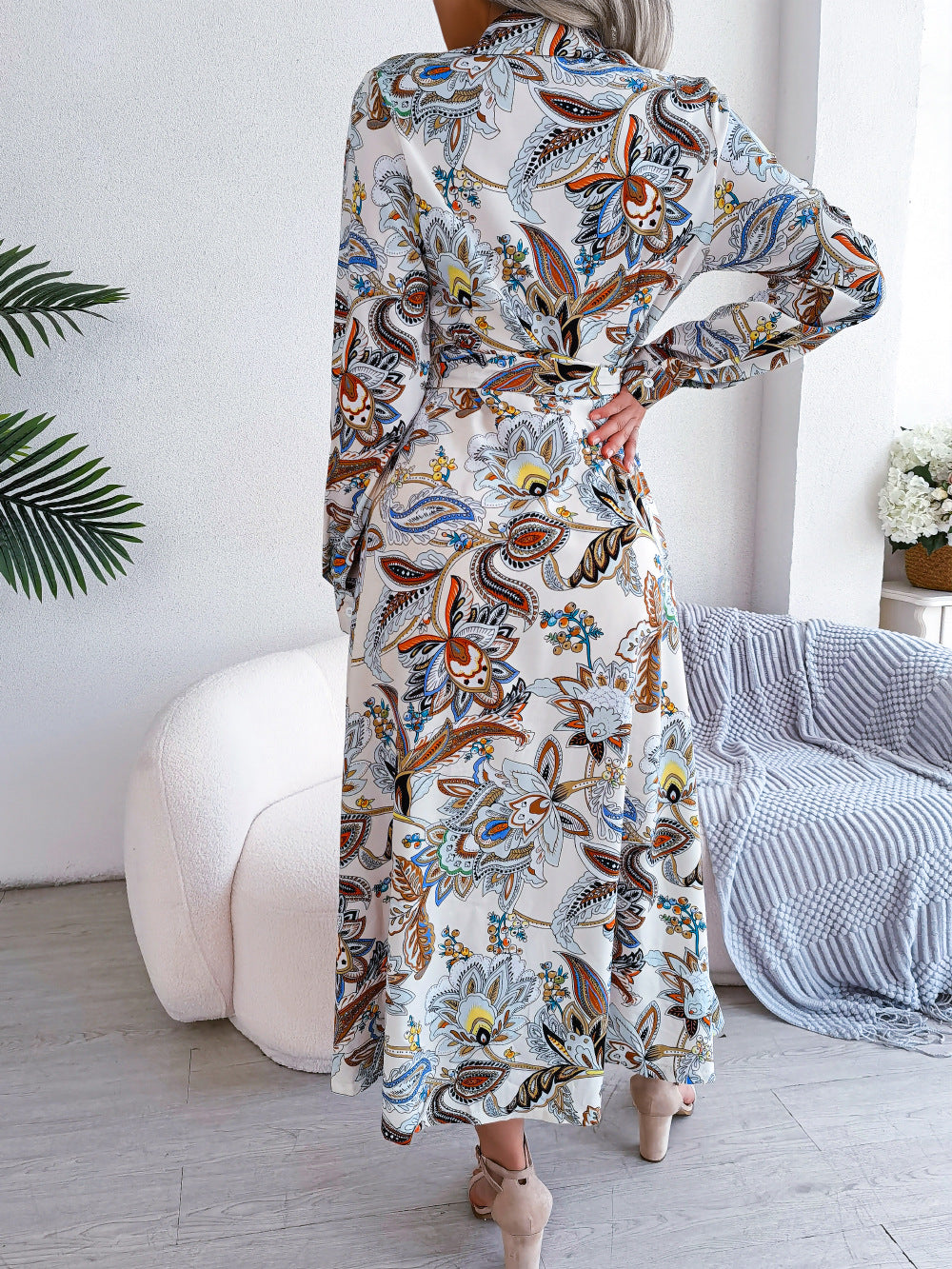 2026 Spring/Summer European and American Retro Floral Lapel Tie Shirt Dress Long Dress Amazon Cross-Border Women's Clothing by DERILUJA LLC