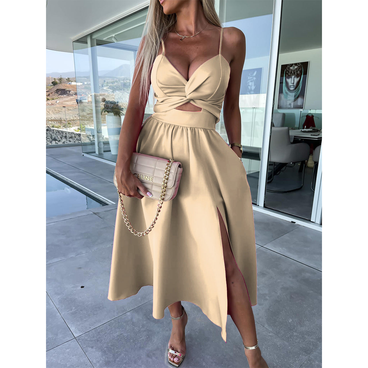 Europe and the United States cross-border foreign trade new women's Amazon suspenders V-neck large pendulum dress slim-fit backless mid-length dress by DERILUJA LLC