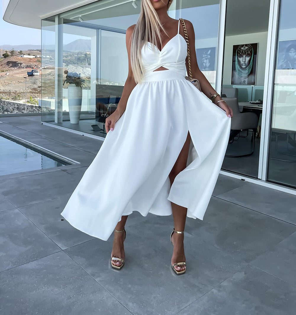 Europe and the United States cross-border foreign trade new women's Amazon suspenders V-neck large pendulum dress slim-fit backless mid-length dress by DERILUJA LLC