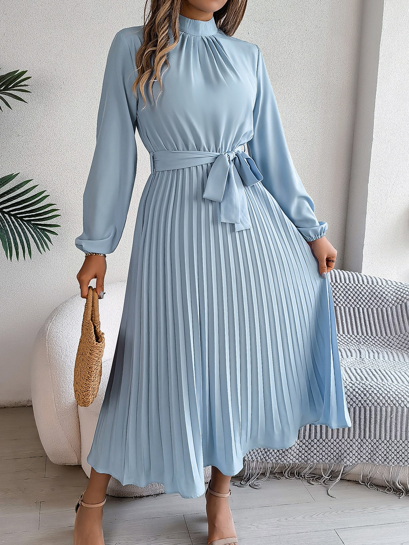 2026 European and American Spring/Summer Elegant Stand Collar Long Sleeve Waist-Cinched Pleated Long Dress Mini Dress Amazon Cross-Border Women's Clothing by DERILUJA LLC