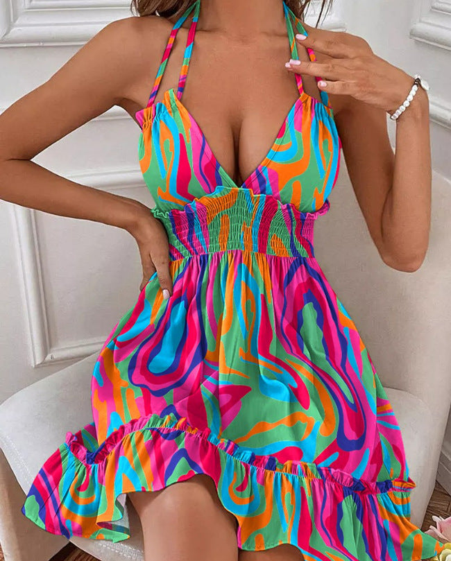 European and American Amazon Cross-Border Popular Women's Clothing Deep V Rope Suspender Parallel Pleated Sexy Dress Beach Degree by DERILUJA LLC