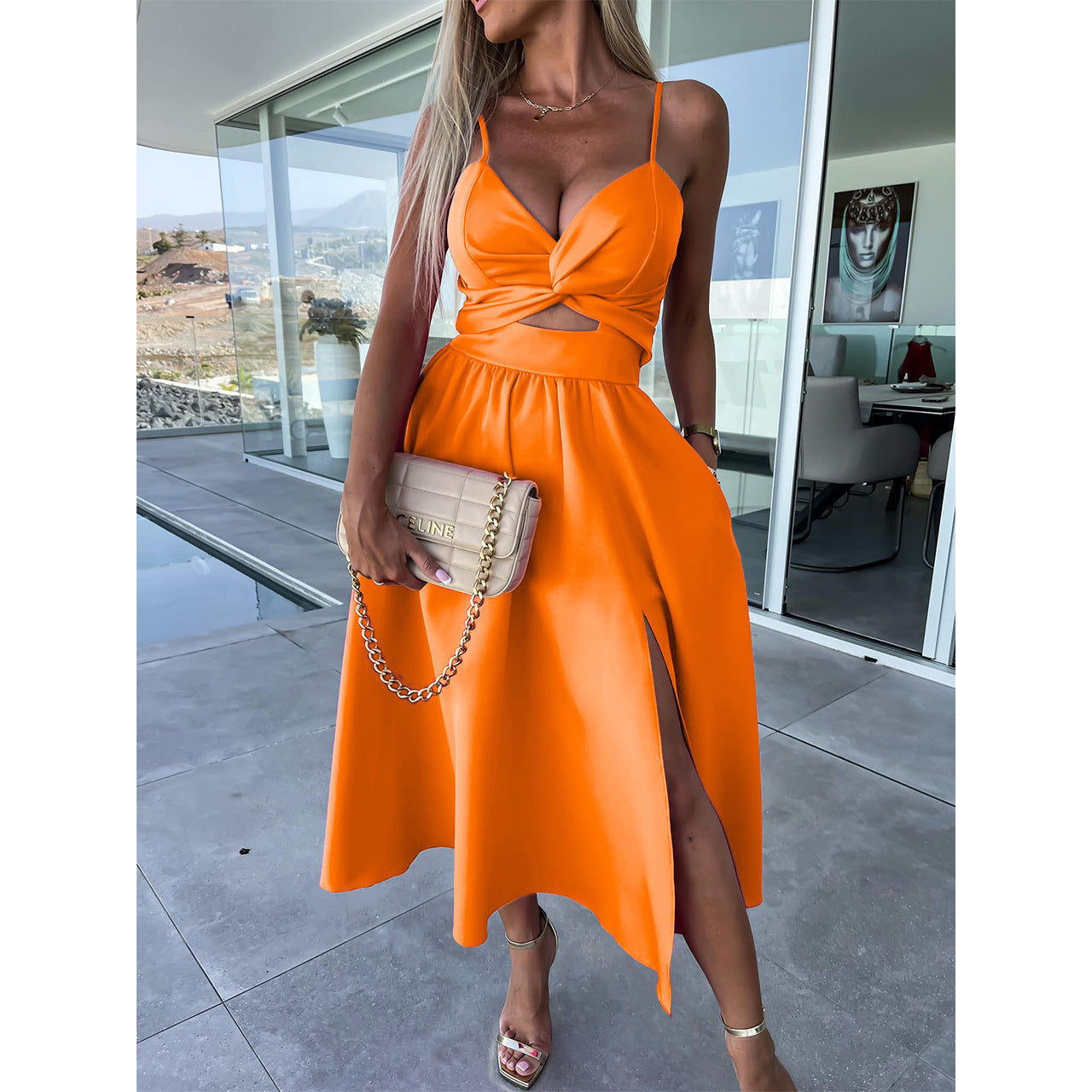 Europe and the United States cross-border foreign trade new women's Amazon suspenders V-neck large pendulum dress slim-fit backless mid-length dress by DERILUJA LLC