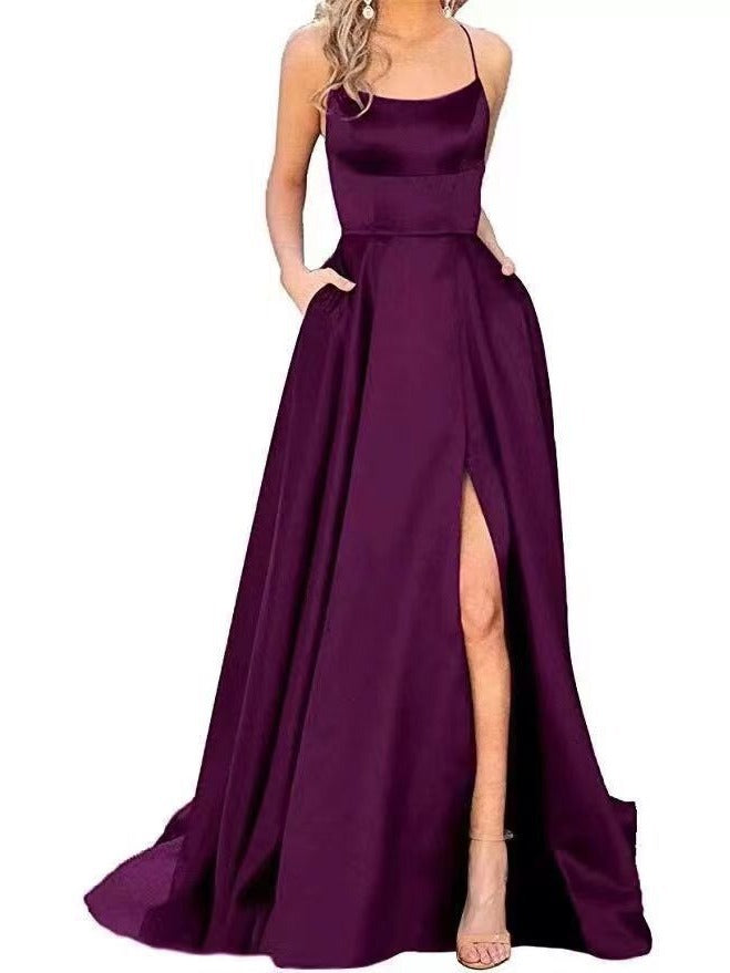 2023 Amazon European and American cross-border new bridesmaid dress long dress small tail strap solid color banquet evening dress by DERILUJA LLC
