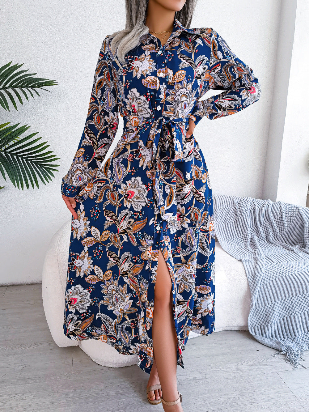 2026 Spring/Summer European and American Retro Floral Lapel Tie Shirt Dress Long Dress Amazon Cross-Border Women's Clothing by DERILUJA LLC