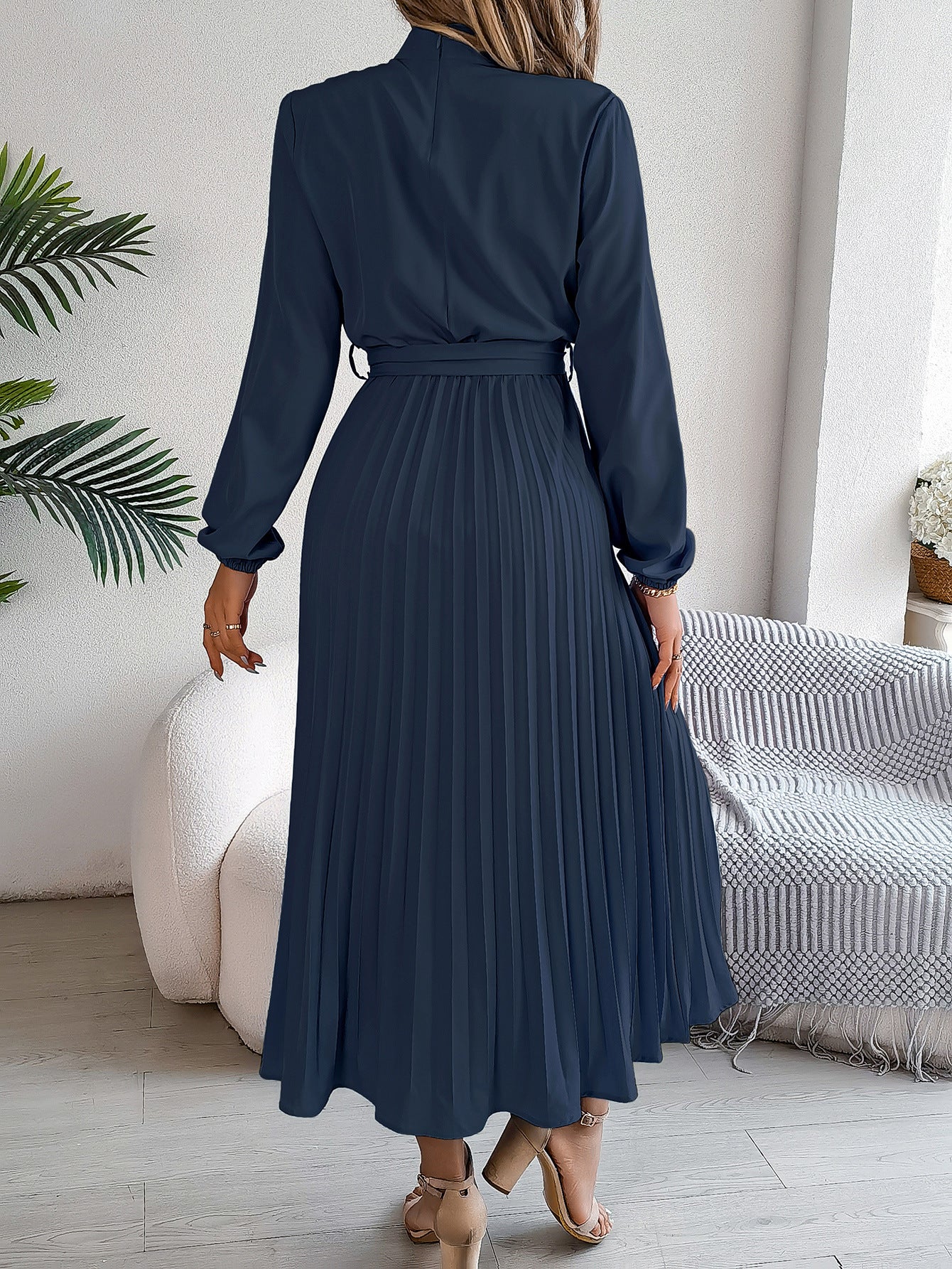 2026 European and American Spring/Summer Elegant Stand Collar Long Sleeve Waist-Cinched Pleated Long Dress Mini Dress Amazon Cross-Border Women's Clothing by DERILUJA LLC