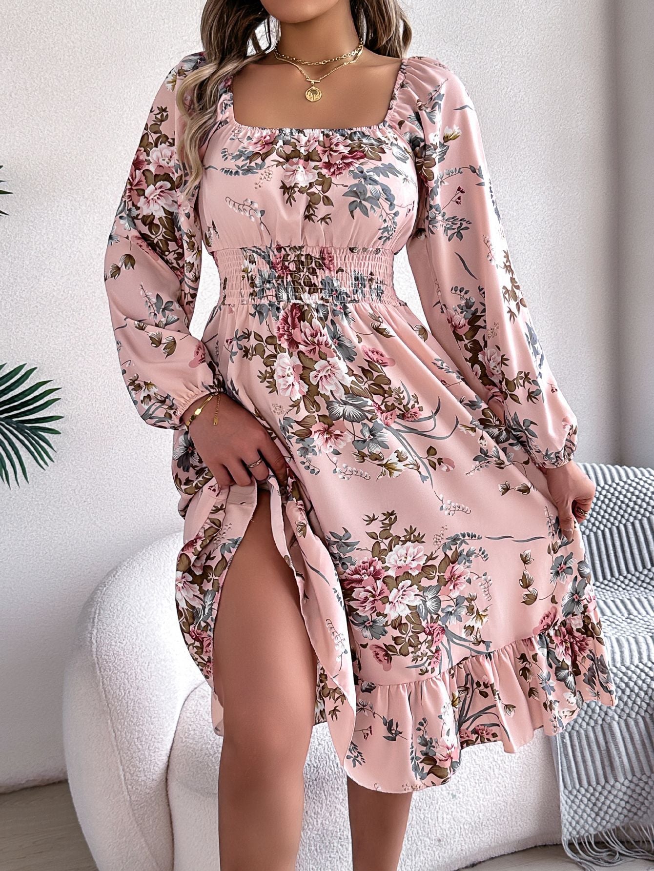Real shot spring and summer European and American elegant flower square collar long sleeve waist ruffled A- line skirt independent station cross-border women's clothing by DERILUJA LLC