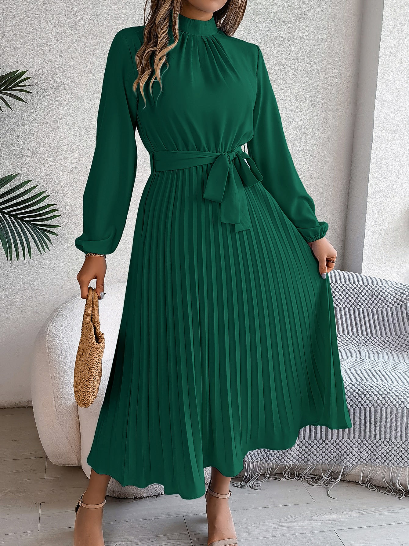 2026 European and American Spring/Summer Elegant Stand Collar Long Sleeve Waist-Cinched Pleated Long Dress Mini Dress Amazon Cross-Border Women's Clothing by DERILUJA LLC