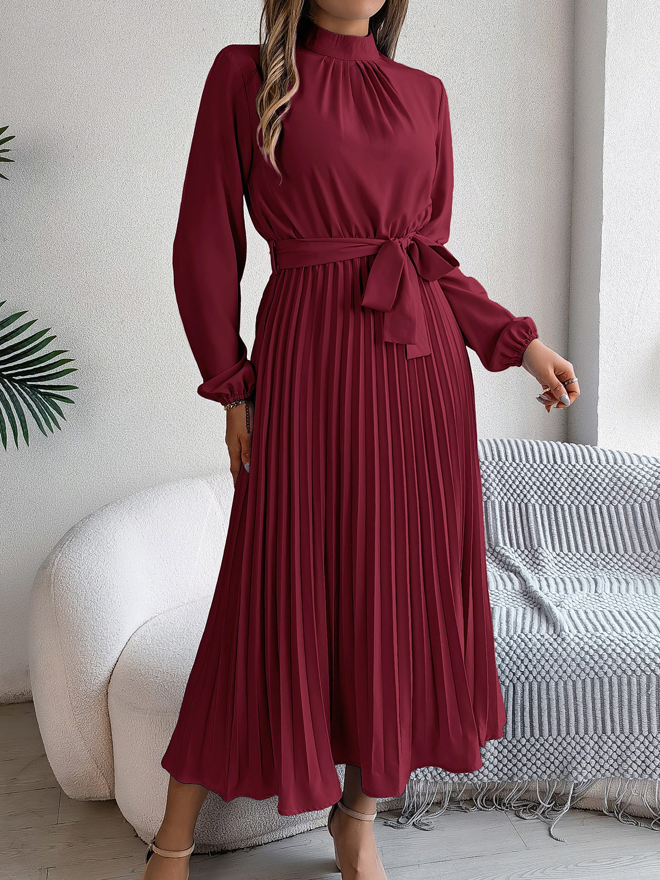 2026 European and American Spring/Summer Elegant Stand Collar Long Sleeve Waist-Cinched Pleated Long Dress Mini Dress Amazon Cross-Border Women's Clothing by DERILUJA LLC