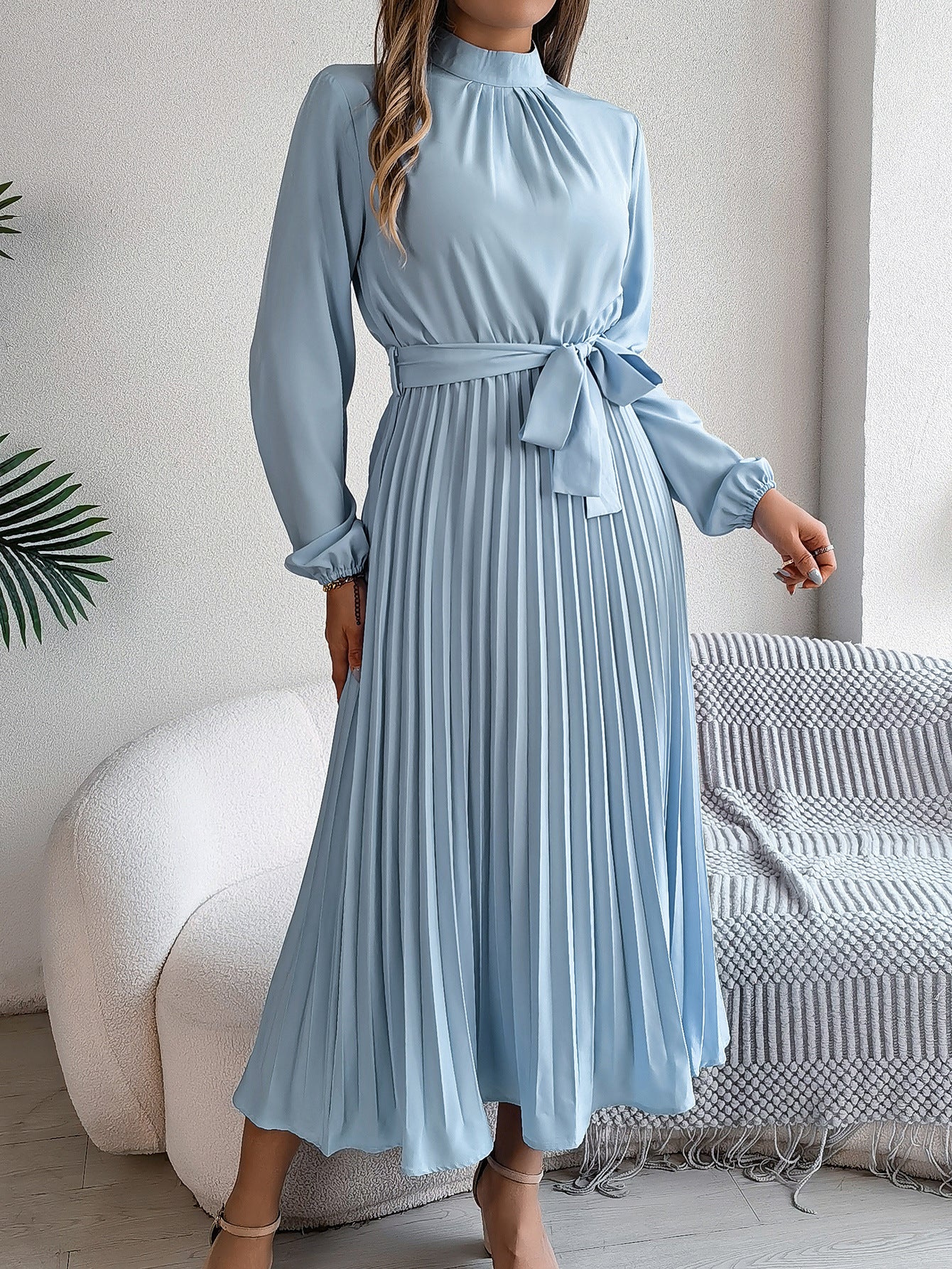 2026 European and American Spring/Summer Elegant Stand Collar Long Sleeve Waist-Cinched Pleated Long Dress Mini Dress Amazon Cross-Border Women's Clothing by DERILUJA LLC
