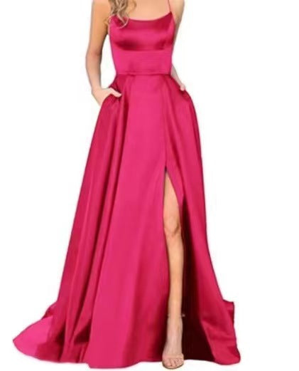 2023 Amazon European and American cross-border new bridesmaid dress long dress small tail strap solid color banquet evening dress by DERILUJA LLC