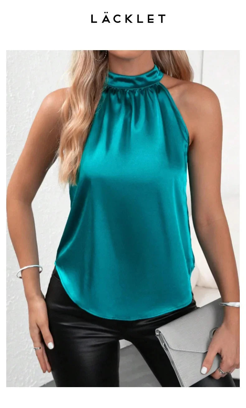 Amazon 2026 European and American Cross-Border Foreign Trade Summer New Satin Vest for Women, Solid Color Off-Shoulder Halter Neck Sleeveless Top by DERILUJA LLC