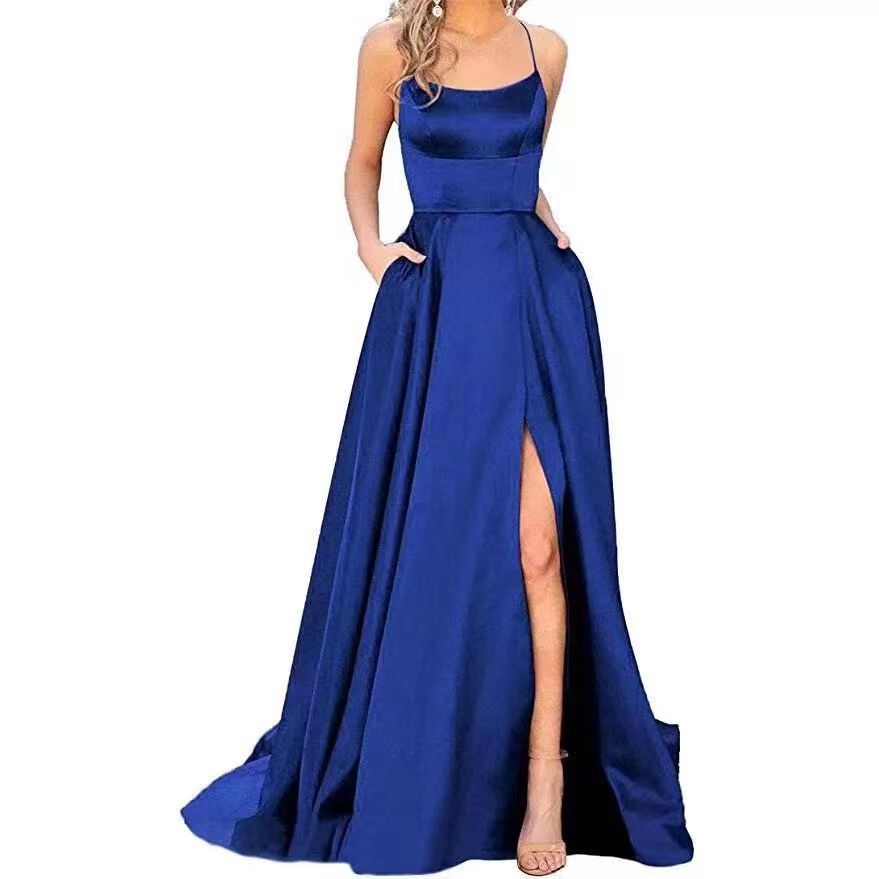 2023 Amazon European and American cross-border new bridesmaid dress long dress small tail strap solid color banquet evening dress by DERILUJA LLC