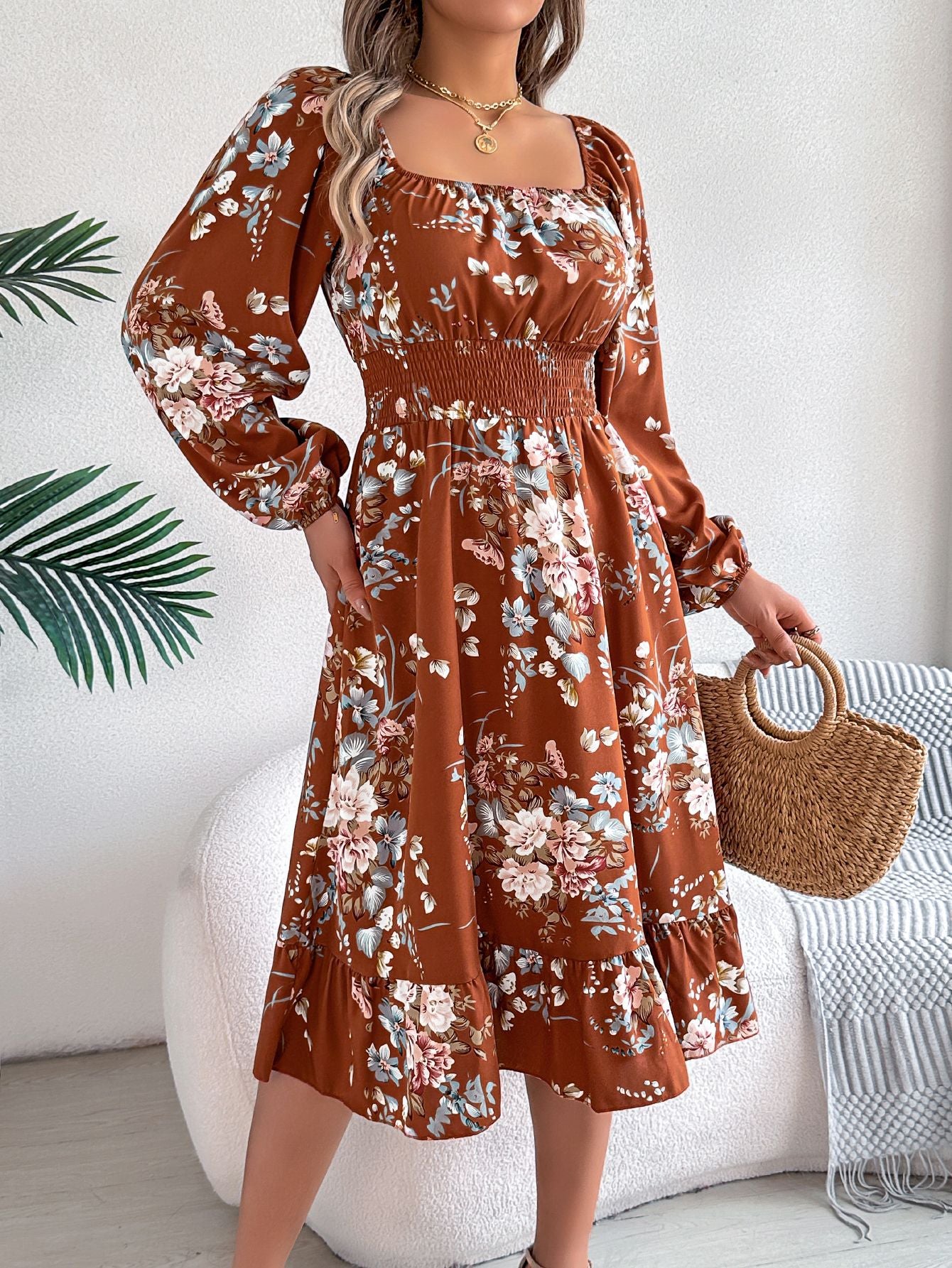 Real shot spring and summer European and American elegant flower square collar long sleeve waist ruffled A- line skirt independent station cross-border women's clothing by DERILUJA LLC