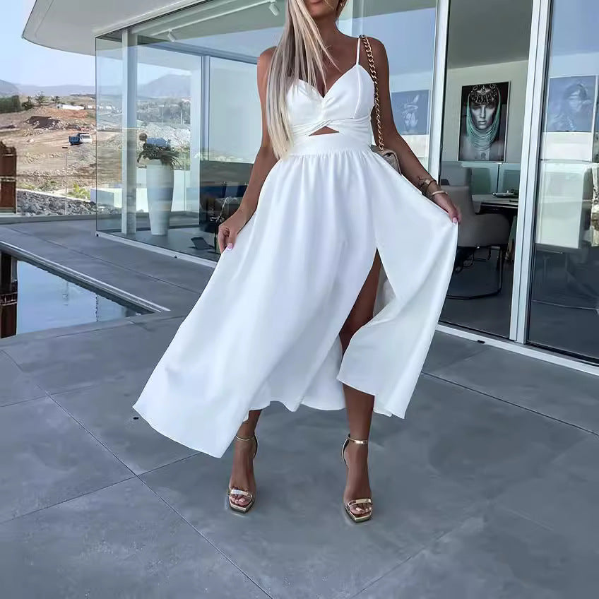 Europe and the United States cross-border foreign trade new women's Amazon suspenders V-neck large pendulum dress slim-fit backless mid-length dress by DERILUJA LLC