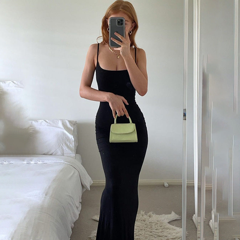 Sling dress European and American Women's High-end Sense Pure Desire Hip Skirt Sexy Slim-fit Milk Silk Long Fishtail Skirt by DERILUJA LLC