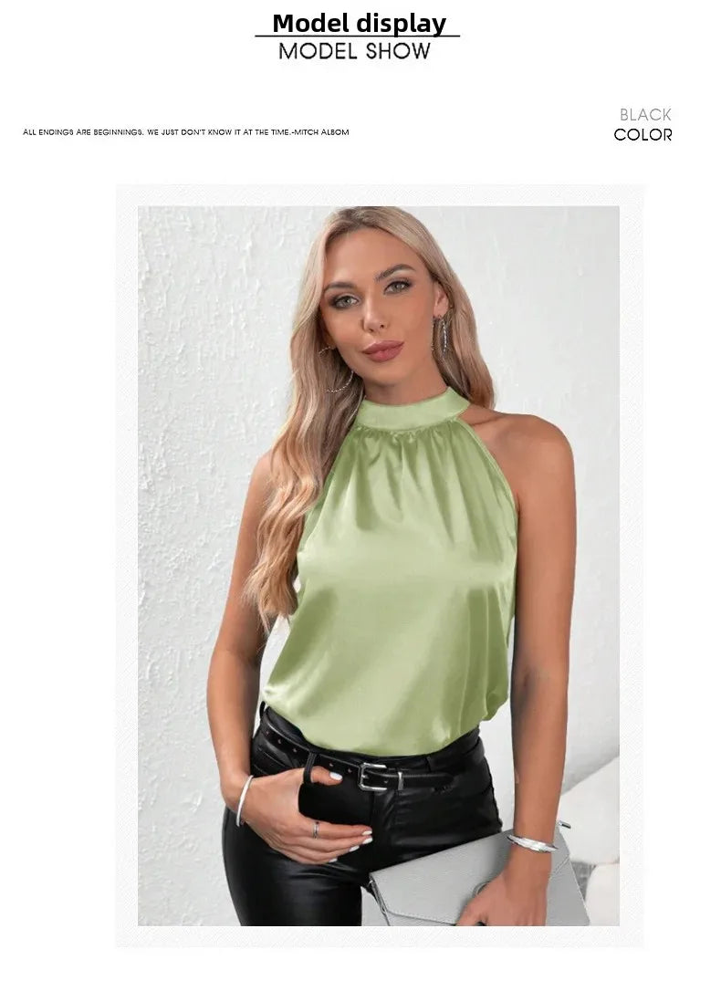 Amazon 2026 European and American Cross-Border Foreign Trade Summer New Satin Vest for Women, Solid Color Off-Shoulder Halter Neck Sleeveless Top by DERILUJA LLC